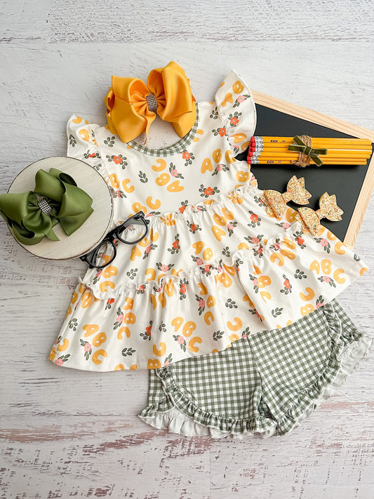 Yellow Floral ABC Top & Green Gingham Shorts Set