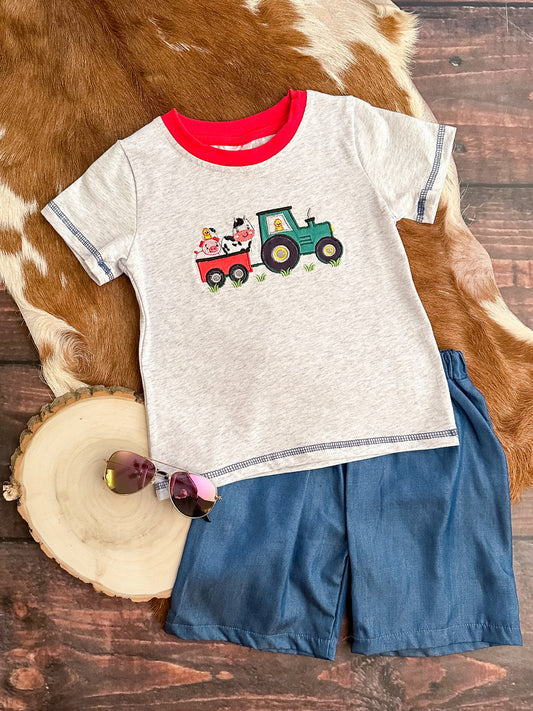 Tractor and cow appliqué top with denim shorts set