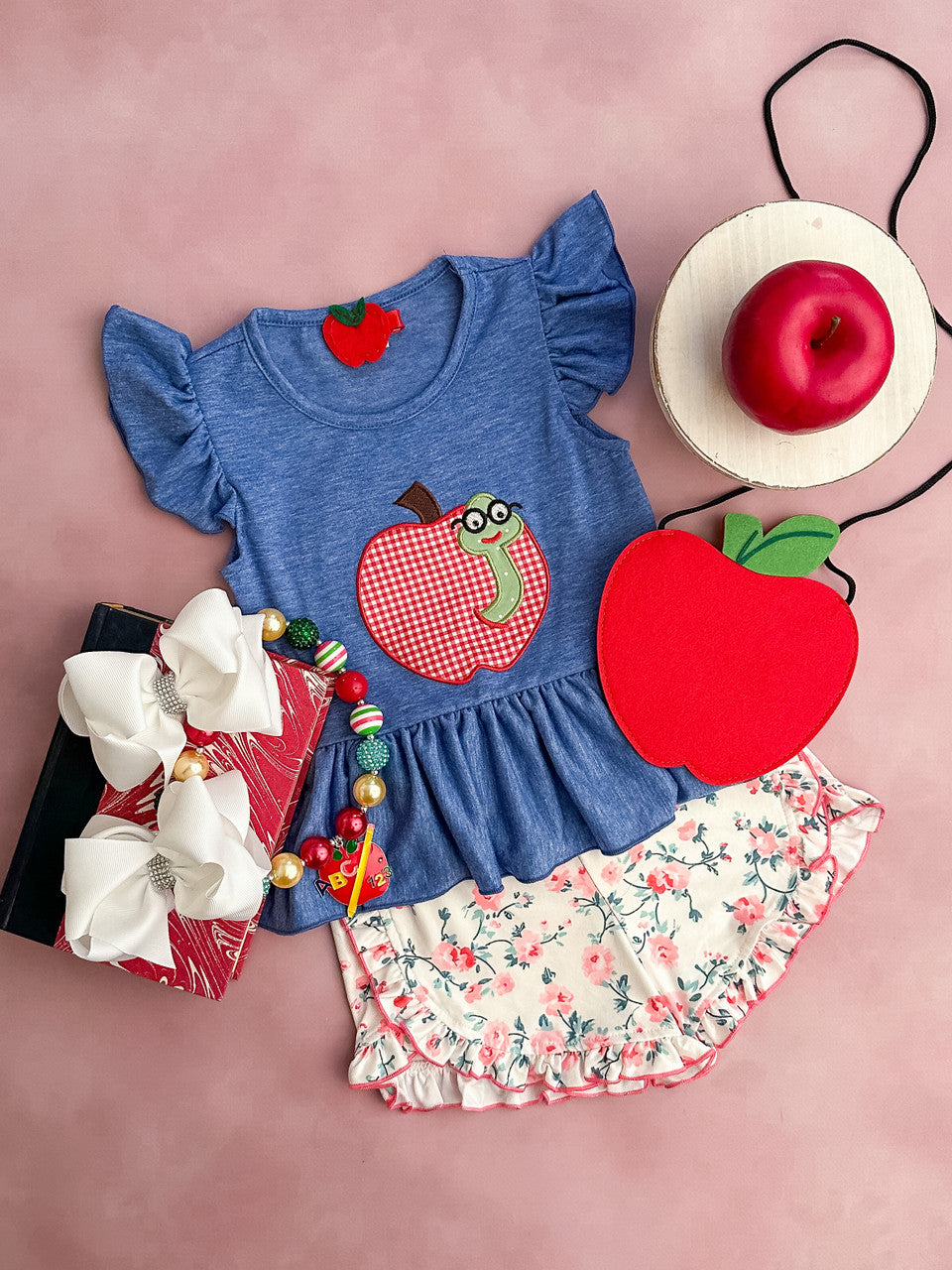 Back to school apple worm appliqué ruffle top with floral shorts set
