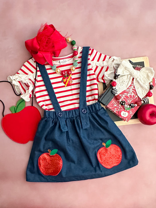 Back to school denim skirted jumper with glittered apple appliqués and red and white striped top