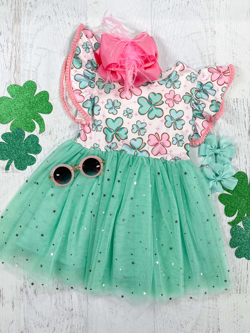 Pink With Shamrock Print & Green Bottom Tutu Dress.