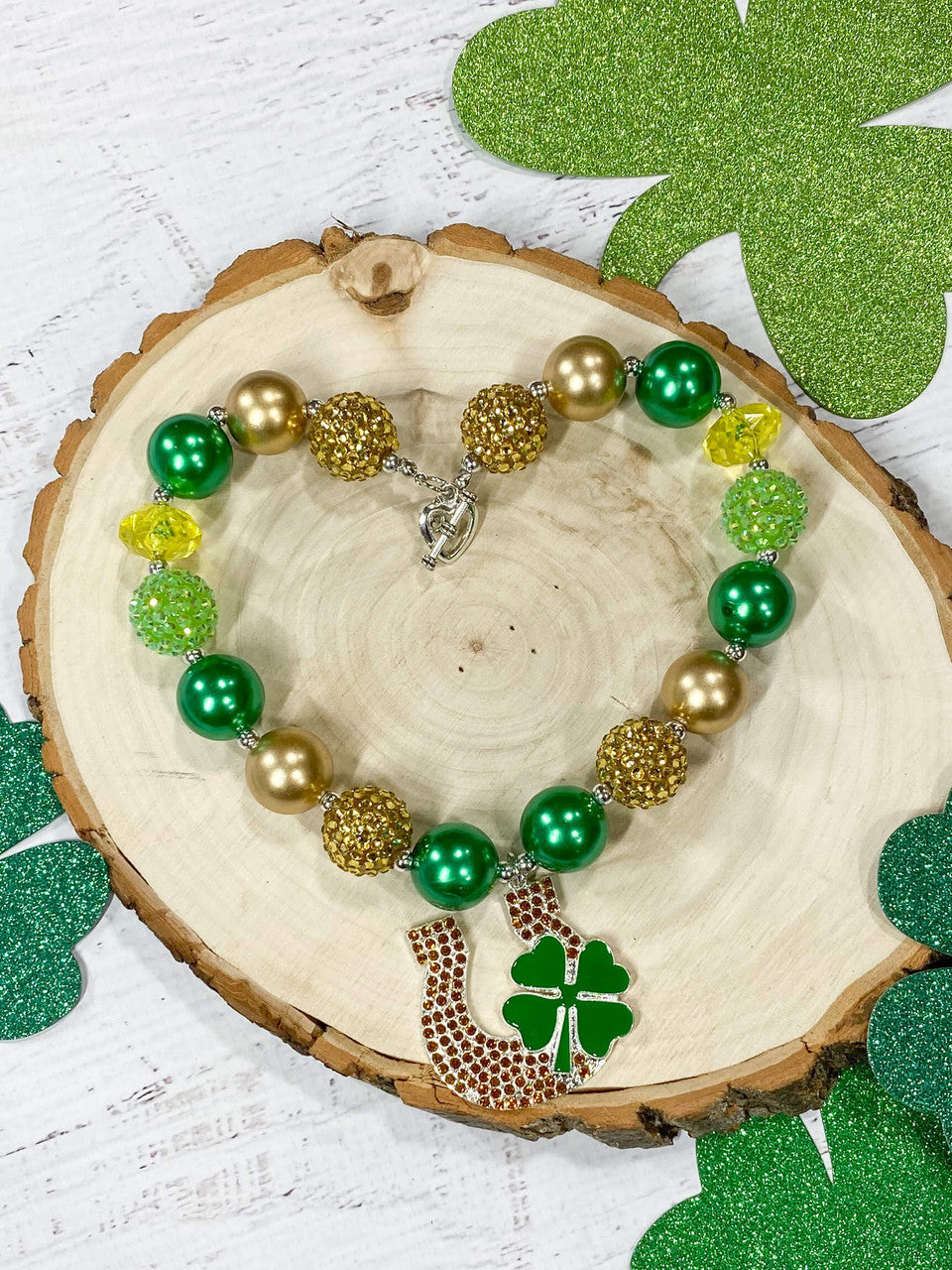 Gold And Green Shades With Horseshoe Charm Chunky Bead Necklace