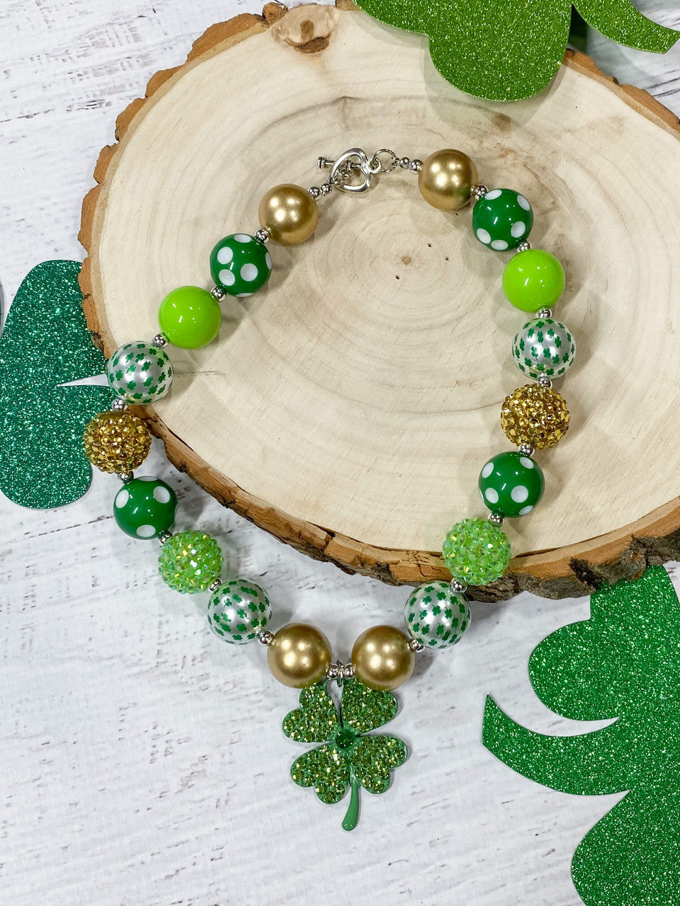 Green And Gold With 4 Leaf Clover Charm Chunky Bead Necklace