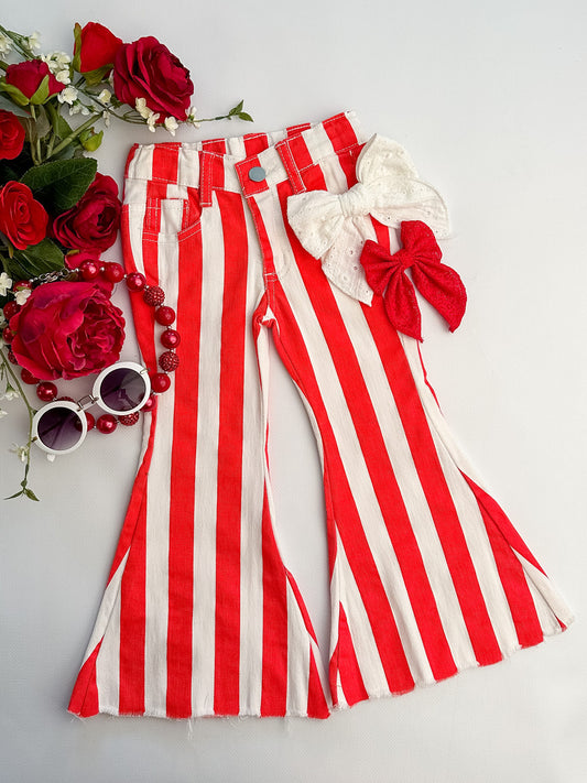Red and white striped bell bottom jeans