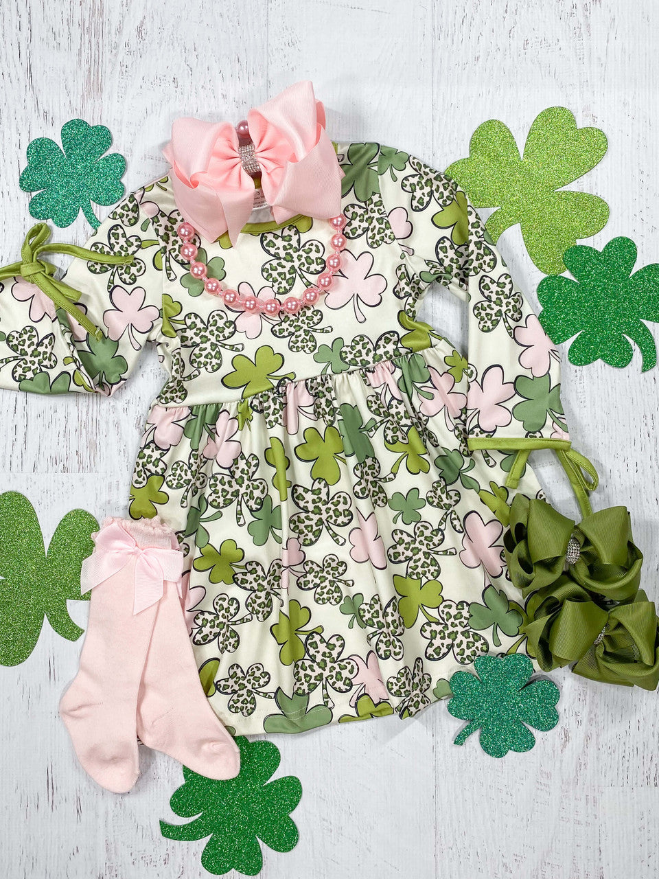 White Pink, Green & Gold Shamrock Dress