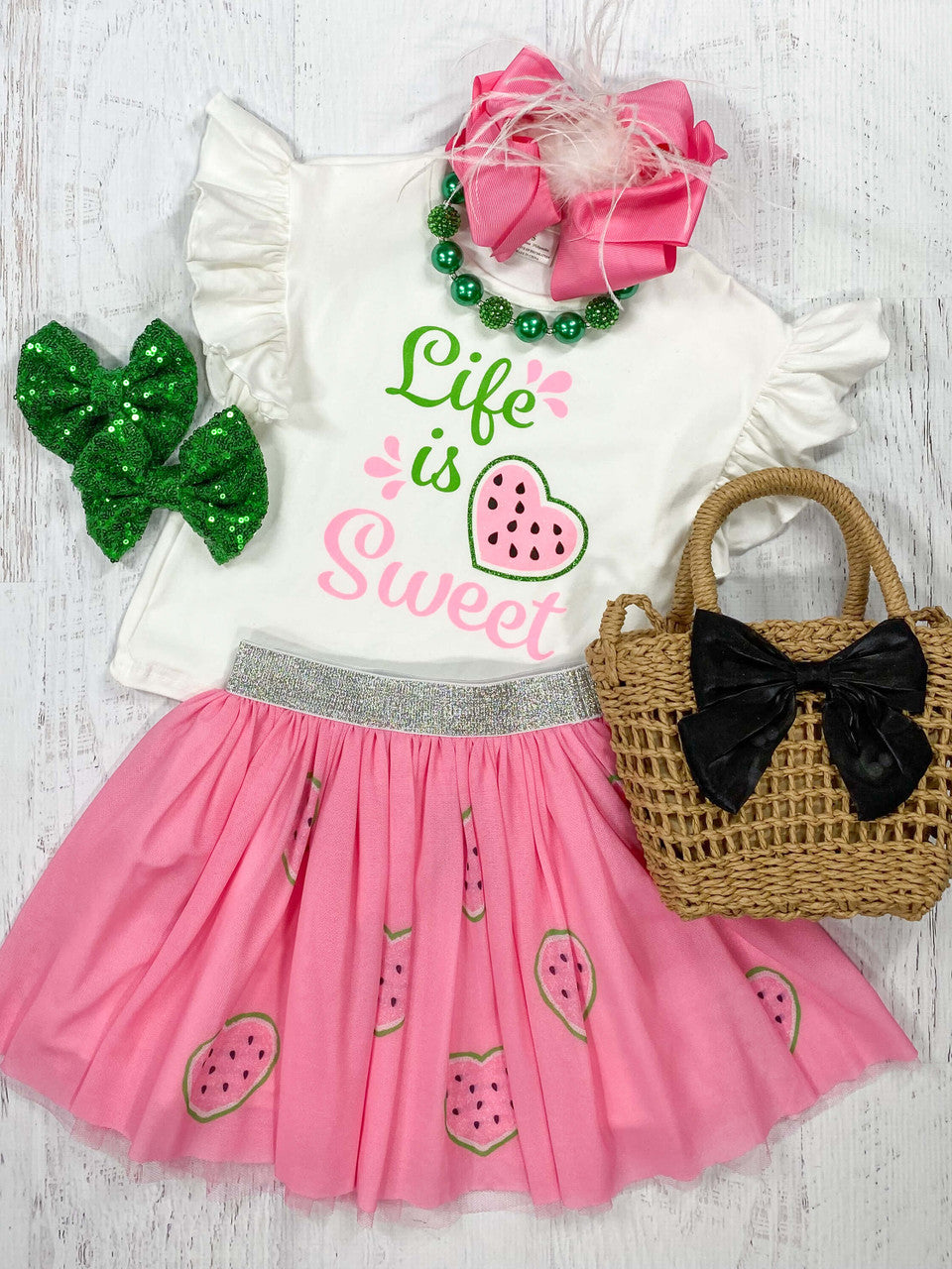 White Top With Pink Tutu Bottom With Watermelon Print