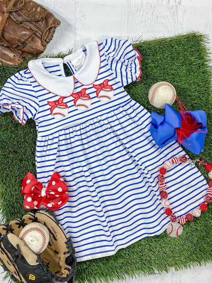 White & Blue Striped Dress with Embroidered Baseballs