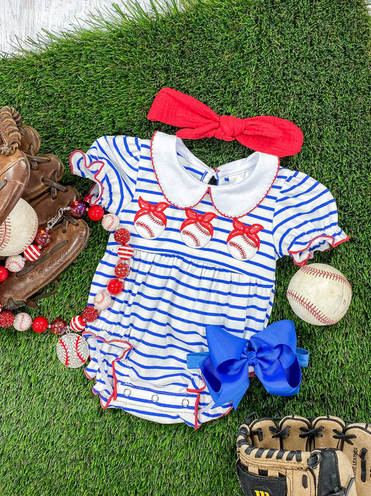 Blue & White Striped Onesie With Embroidered Baseballs