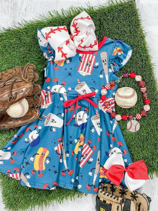 Blue Dress With Baseball & Concession Stand Theme Print