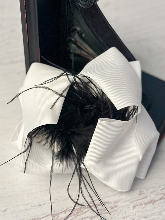 Texas Size White & Black Feather Puff Hair Bow front