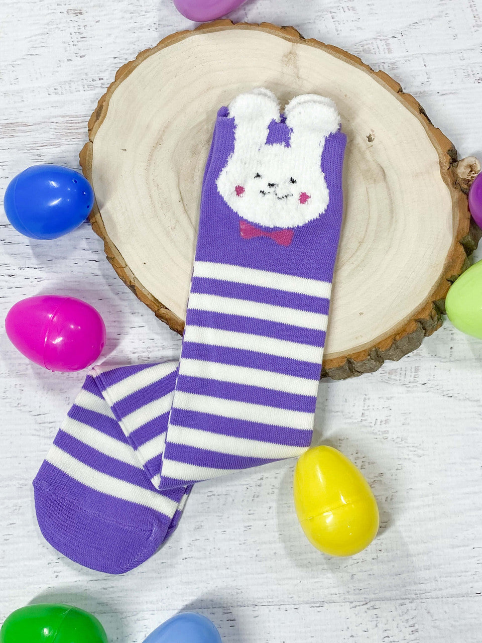 Purple and white striped tall bunny socks