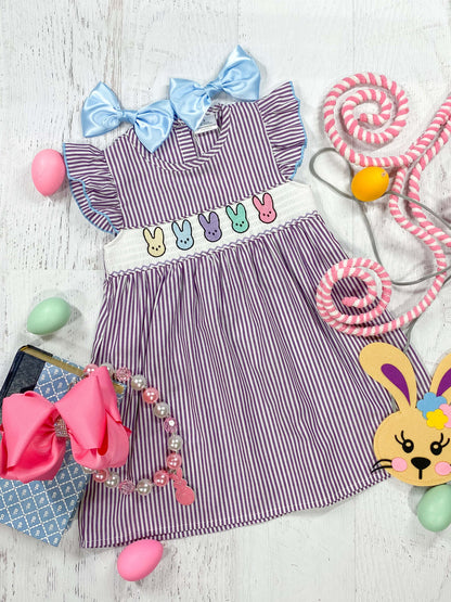 Purple Striped Dress With Embroidered Bunnies Detail