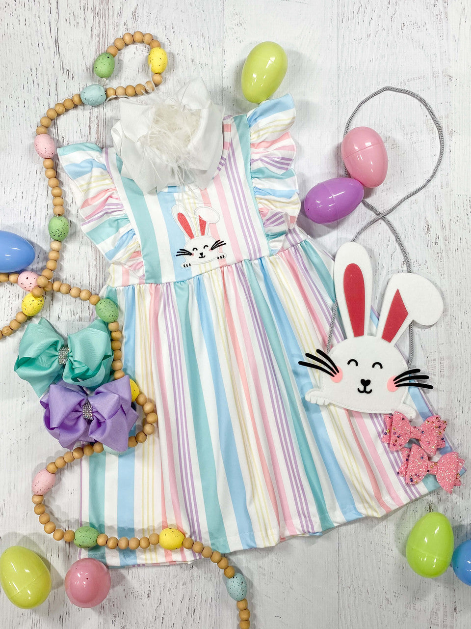 Striped Pastel Bunny Graphic Dress With Flutter Sleeves