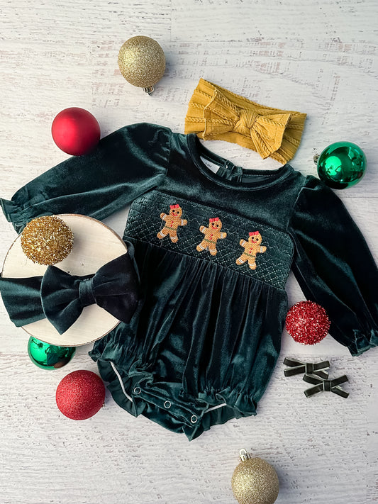 Gingerbread Men Trio Green Velvet Onesie