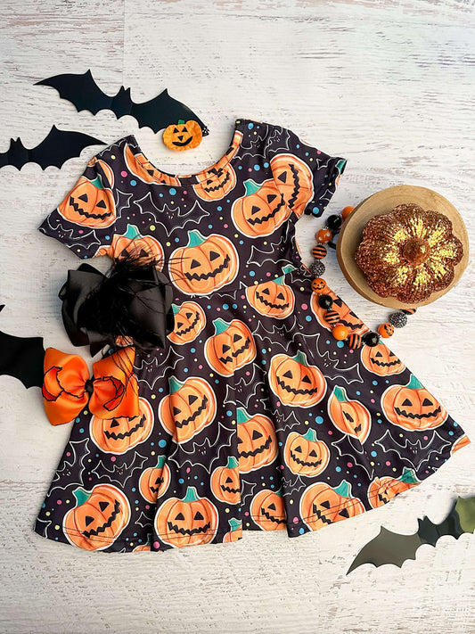 black dress with jack-o-lanterns and bats