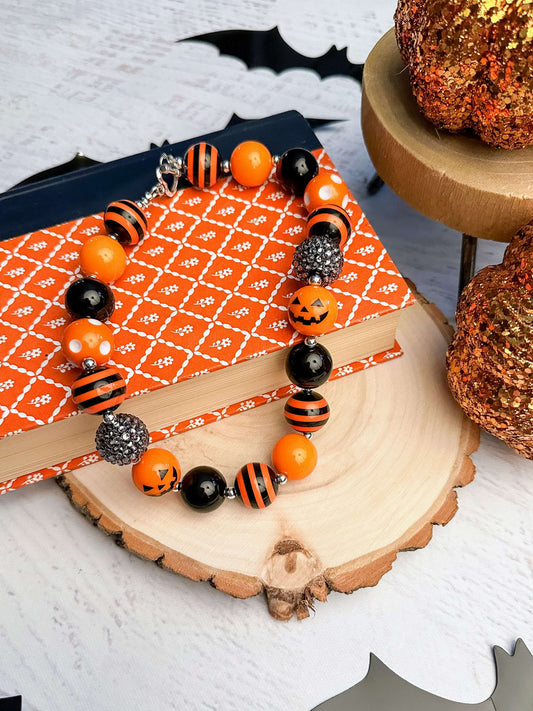 jack-o-lantern, stripes, and polka-dots chunky rhinestone beaded necklace