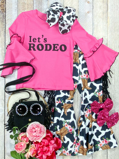 Hot Pink Let's Rodeo Top WIth Ruffle Sleeves, With Cow Print Bell Bottoms Set