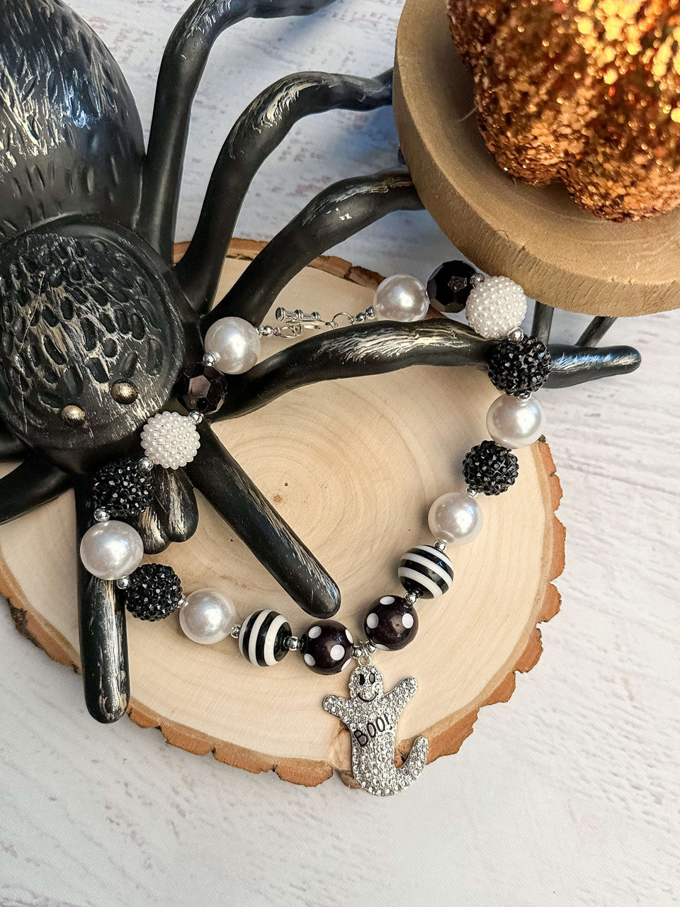 black and white boo ghost chunky rhinestone beaded necklace