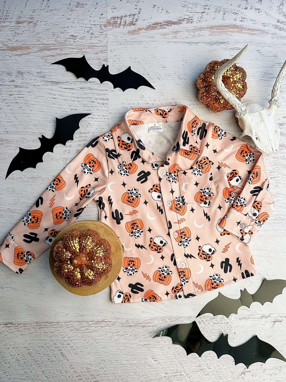 cowboy jack-o-lanterns and skeletons halloween button-down shirt