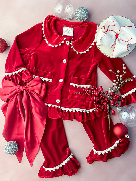 Classic Red Velvet Girl's Christmas PJs Set