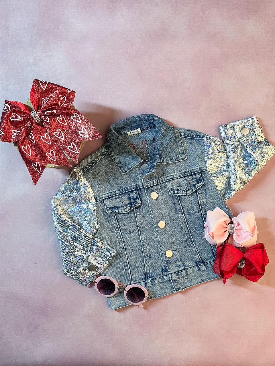 mini jean jacket with heart and sequin sleeves