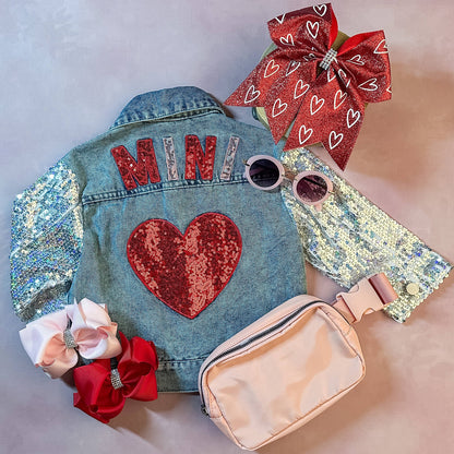 mini jean jacket with heart and sequin sleeves