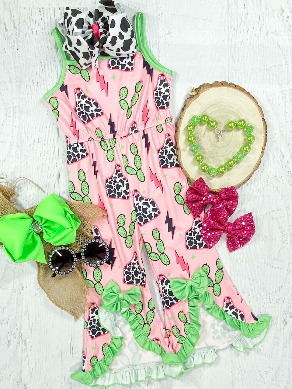 Pink Romper With Bright Green Accents With Western Cactus Print