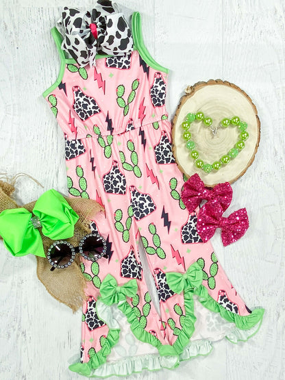 Pink Romper With Bright Green Accents With Western Cactus Print