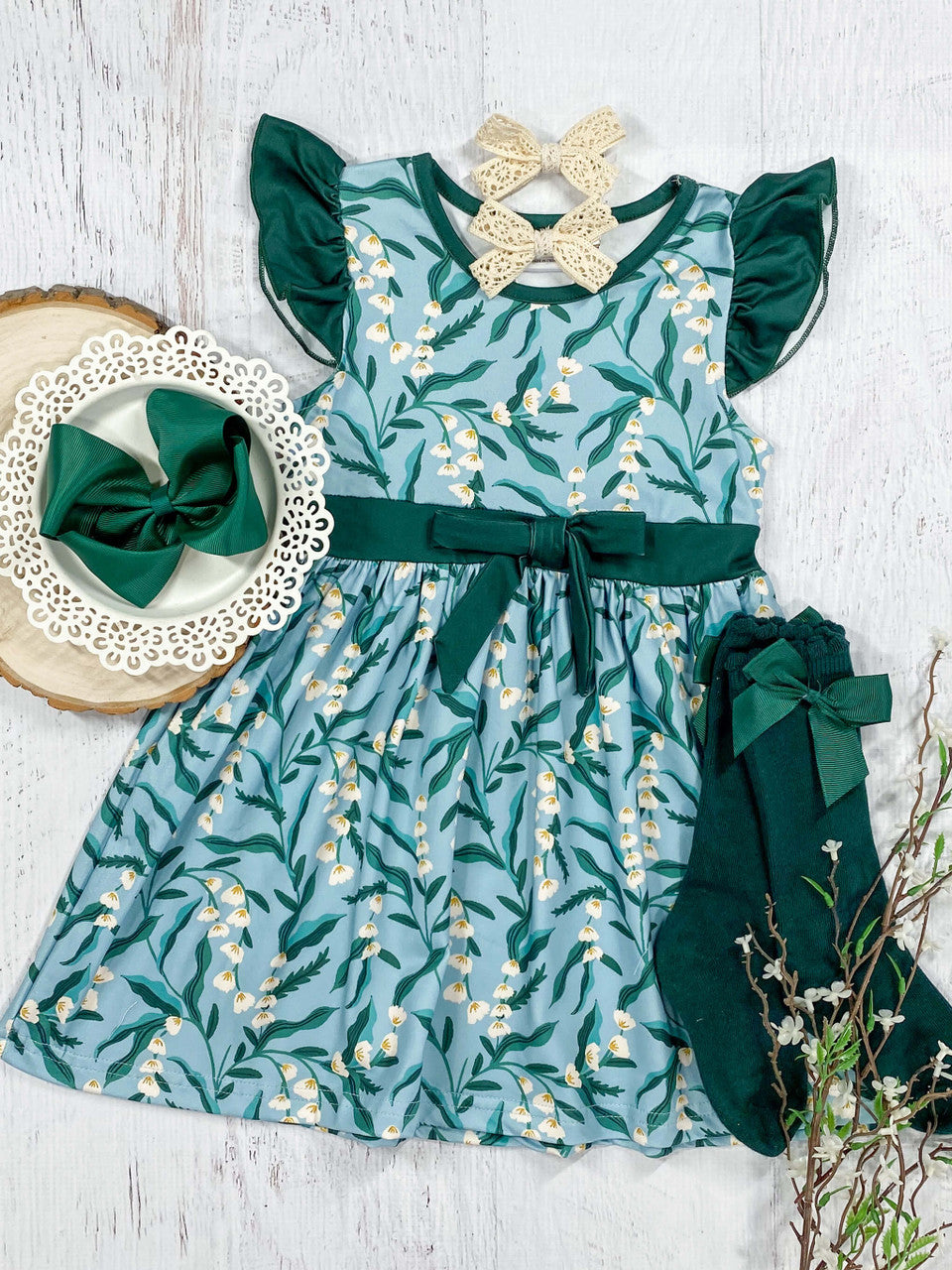  Aqua Floral Patterned Sundress With Hunter Green Accents