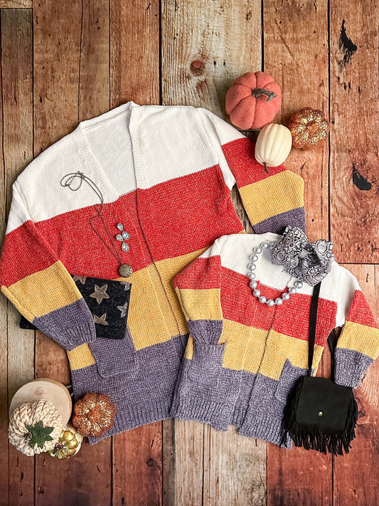 mommy & me fall candy corn cardigan with stripes