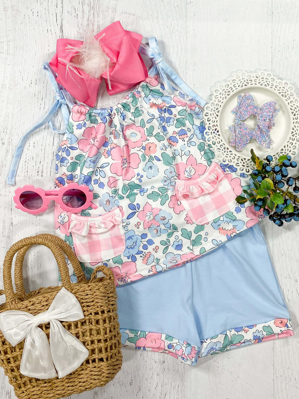 Pink & Blue Floral & Gingham Pocket Short Set