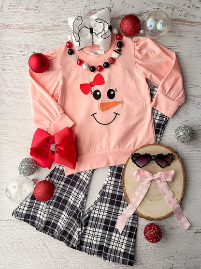 Pink Snowman and Plaid Bell Bottoms Set