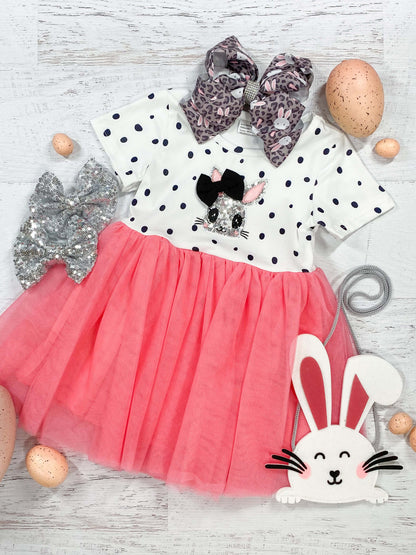 Silver sequin easter bunny with a black bow and black polka dot, short sleeve with hot pink tulle tutu dress.