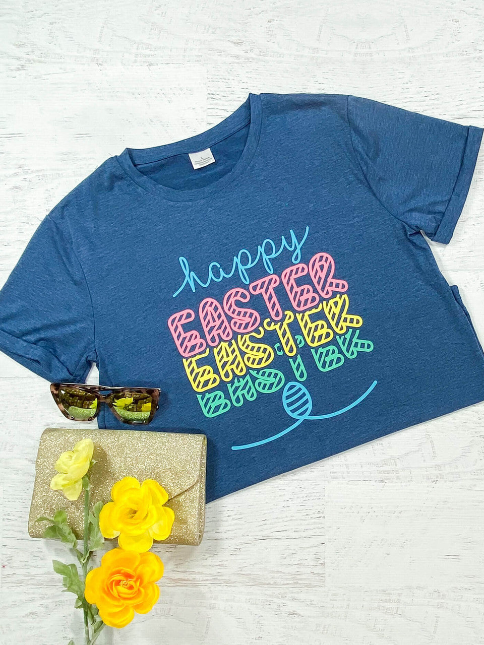 Mommy and Me "Happy Easter" with rainbow lettering, blue t-shirt with cuffed sleeves - Womens