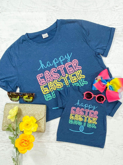 Mommy and Me "Happy Easter" with rainbow lettering, blue t-shirt with cuffed sleeves