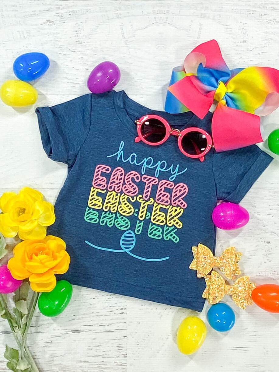 Mommy and Me "Happy Easter" with rainbow lettering, blue t-shirt with cuffed sleeves - Girls