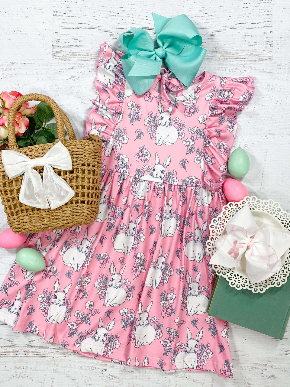 Precious pink Easter bunny dress with flutter sleeves and tie-back dress.