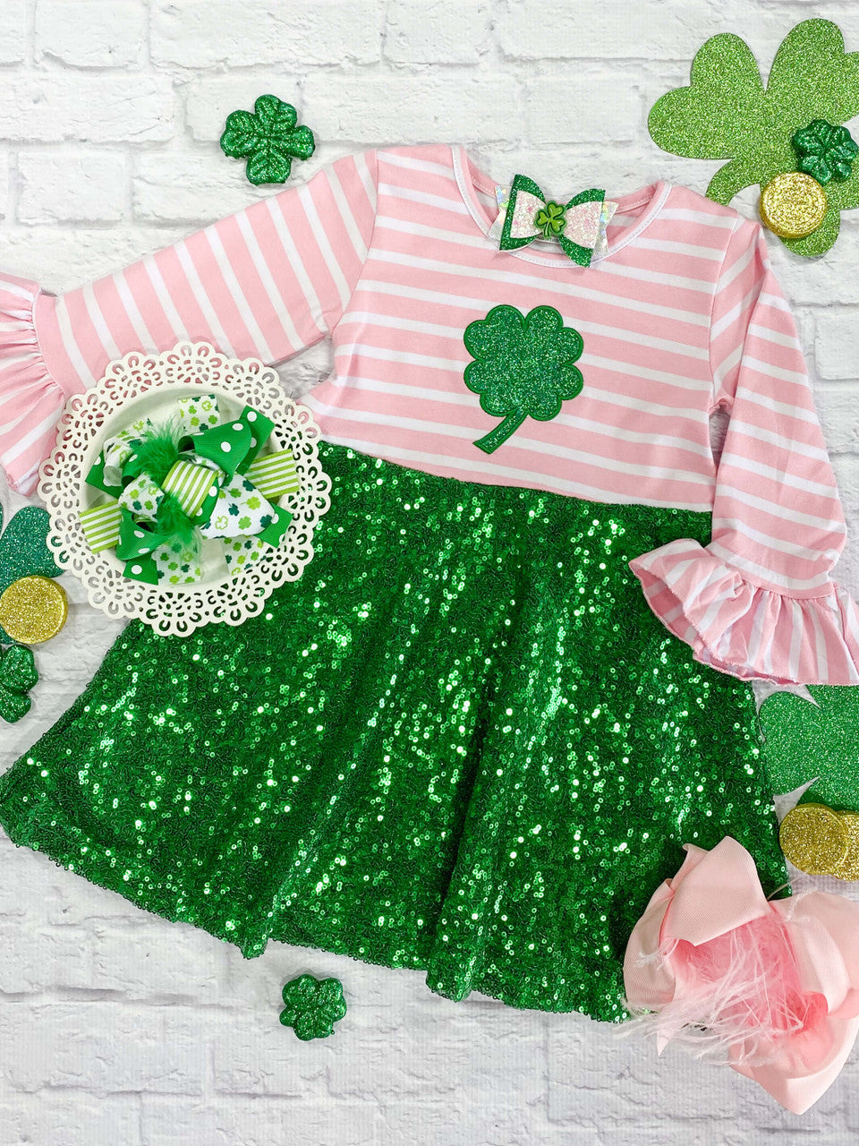 Light pink striped, green glittery four-leaf clover, long sleeve ruffle with green sequins dress.