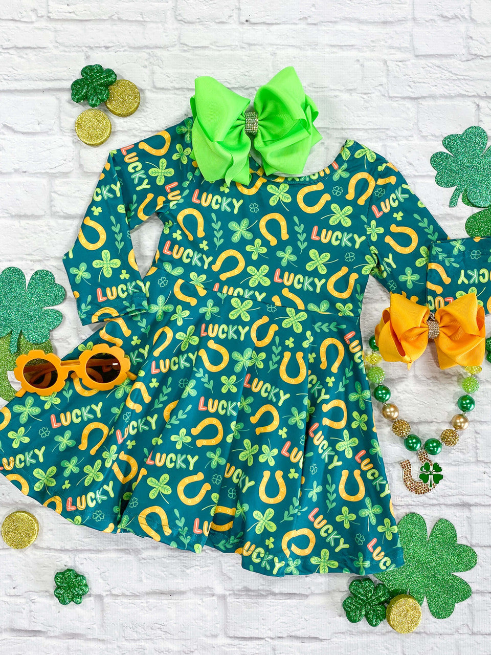 Green clovers and gold horse good luck long sleeve twirl dress.