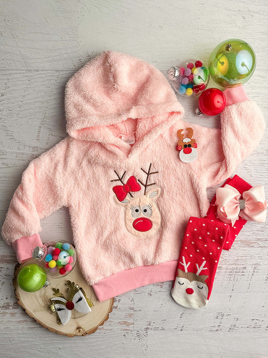 pink hoodie with reindeer and pink band for sweatshirt look