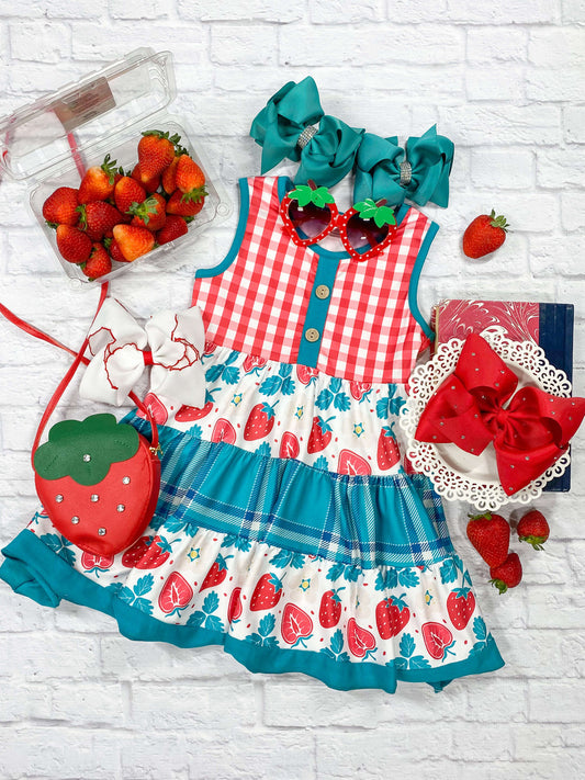 Red gingham and strawberry print tiered dress 