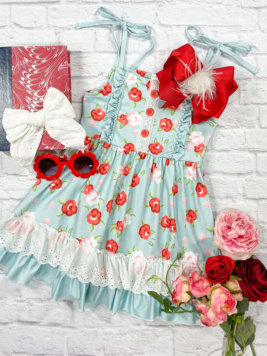  Aqua Floral Ruffle Dress