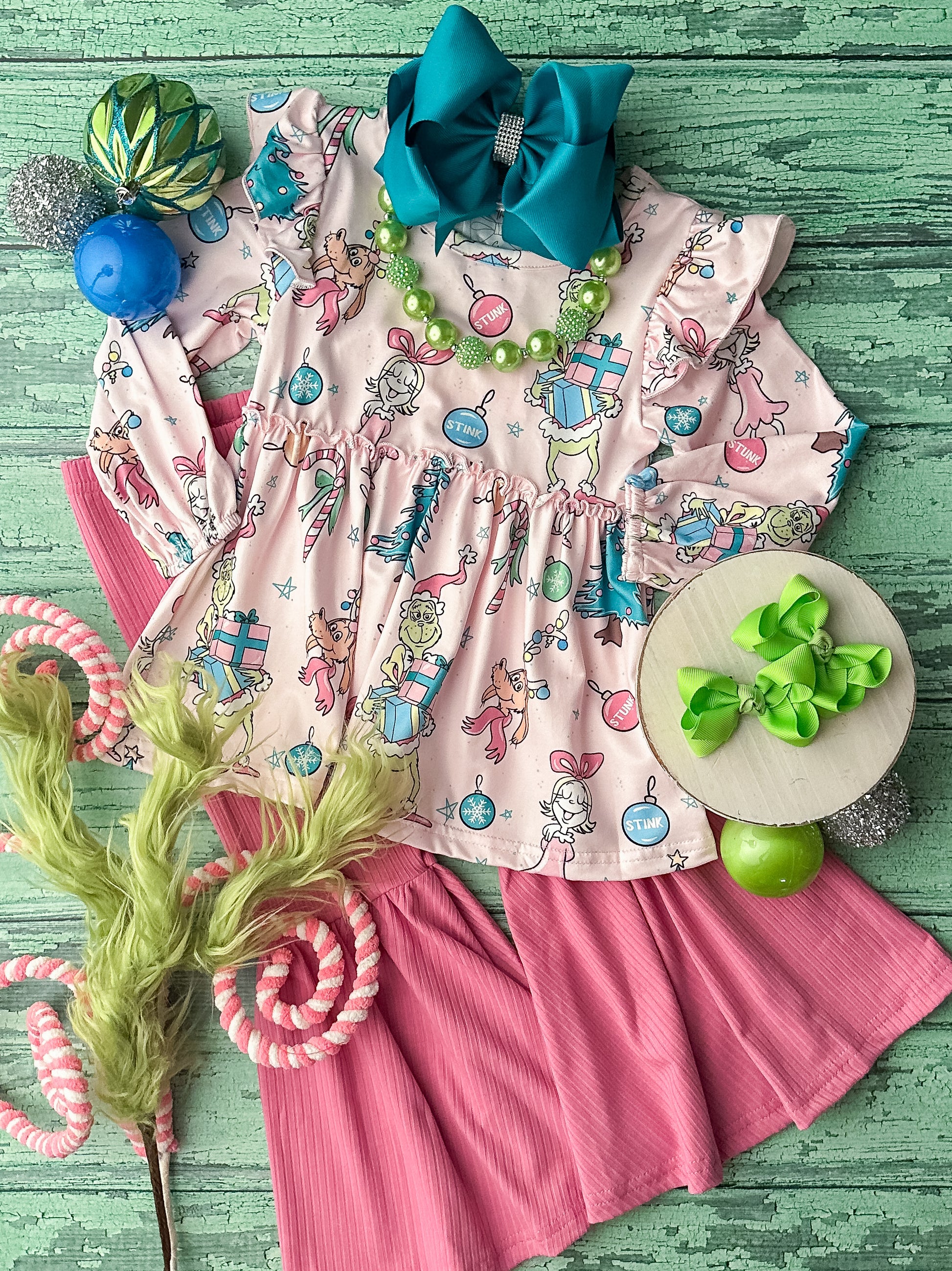 Grinch & Cindy Lou Top with Pink Bell Bottoms Set