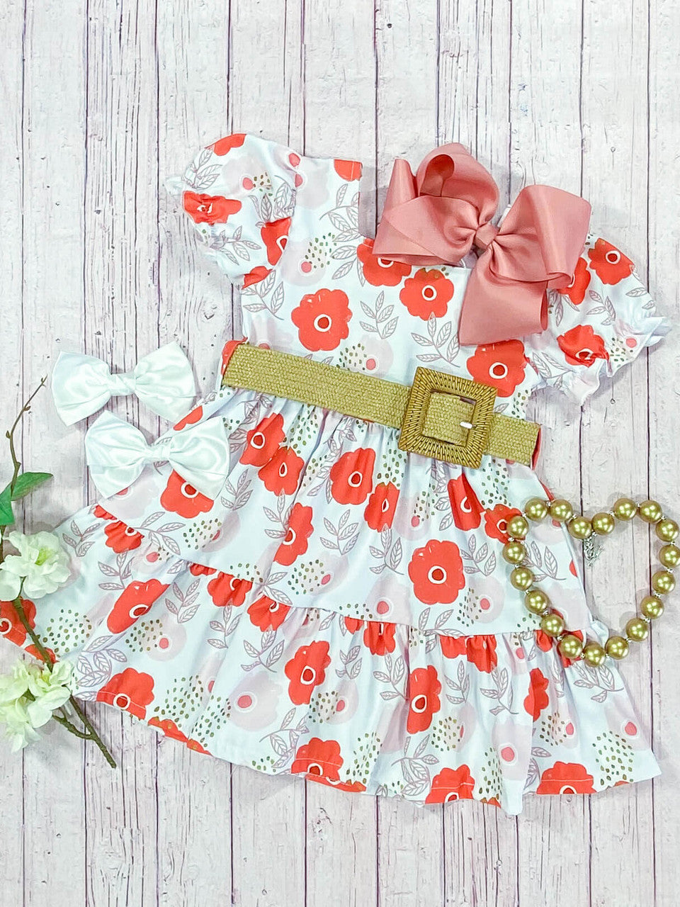 Mommy & Me Pink & Orange Poppies Belted Dress-Girls