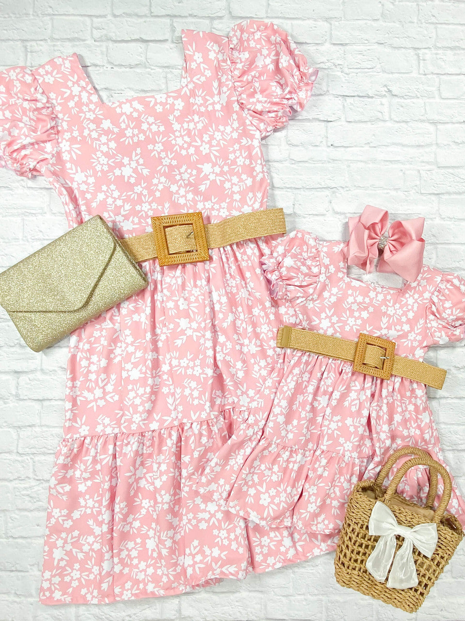 Mommy & Me Pink Floral Belted Dress