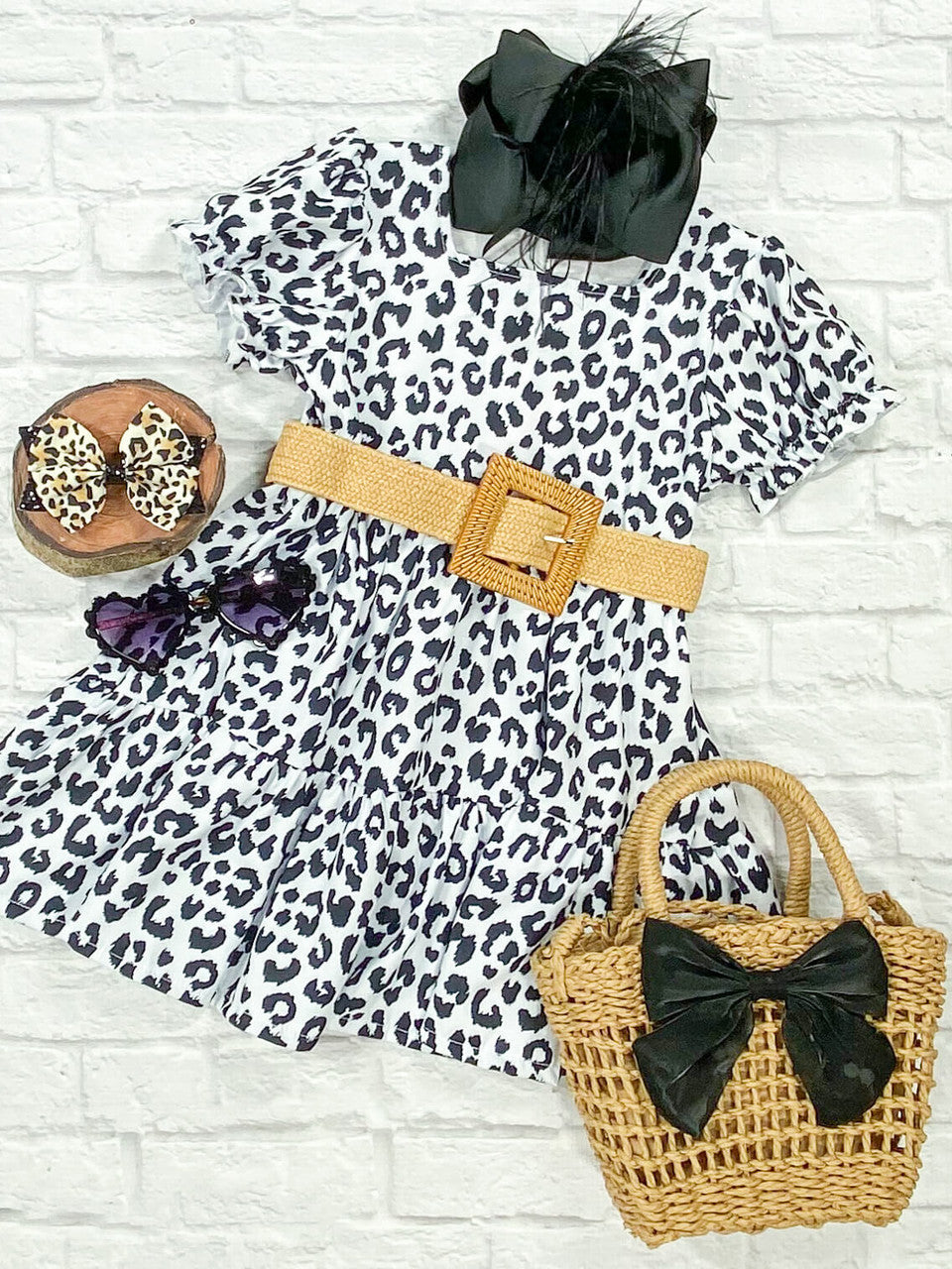 Mommy & Me Black & White Animal Print Belted Dress-Girls