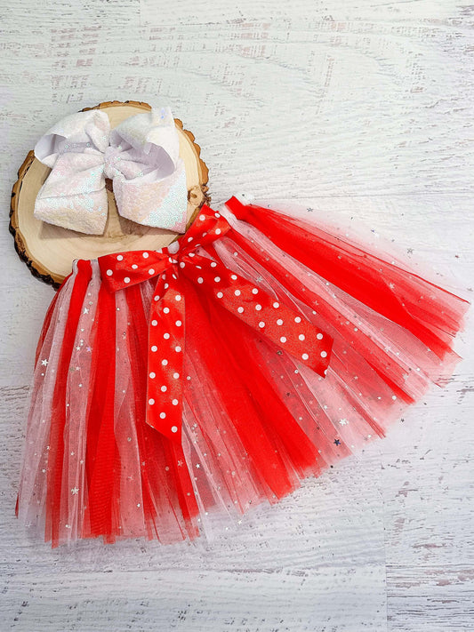 Red and white sparkle tulle tied tutu for many occasions, dress up, and costumes.