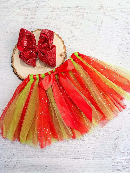 Christmas red and lime green sparkle tulle tie tutu for girls.