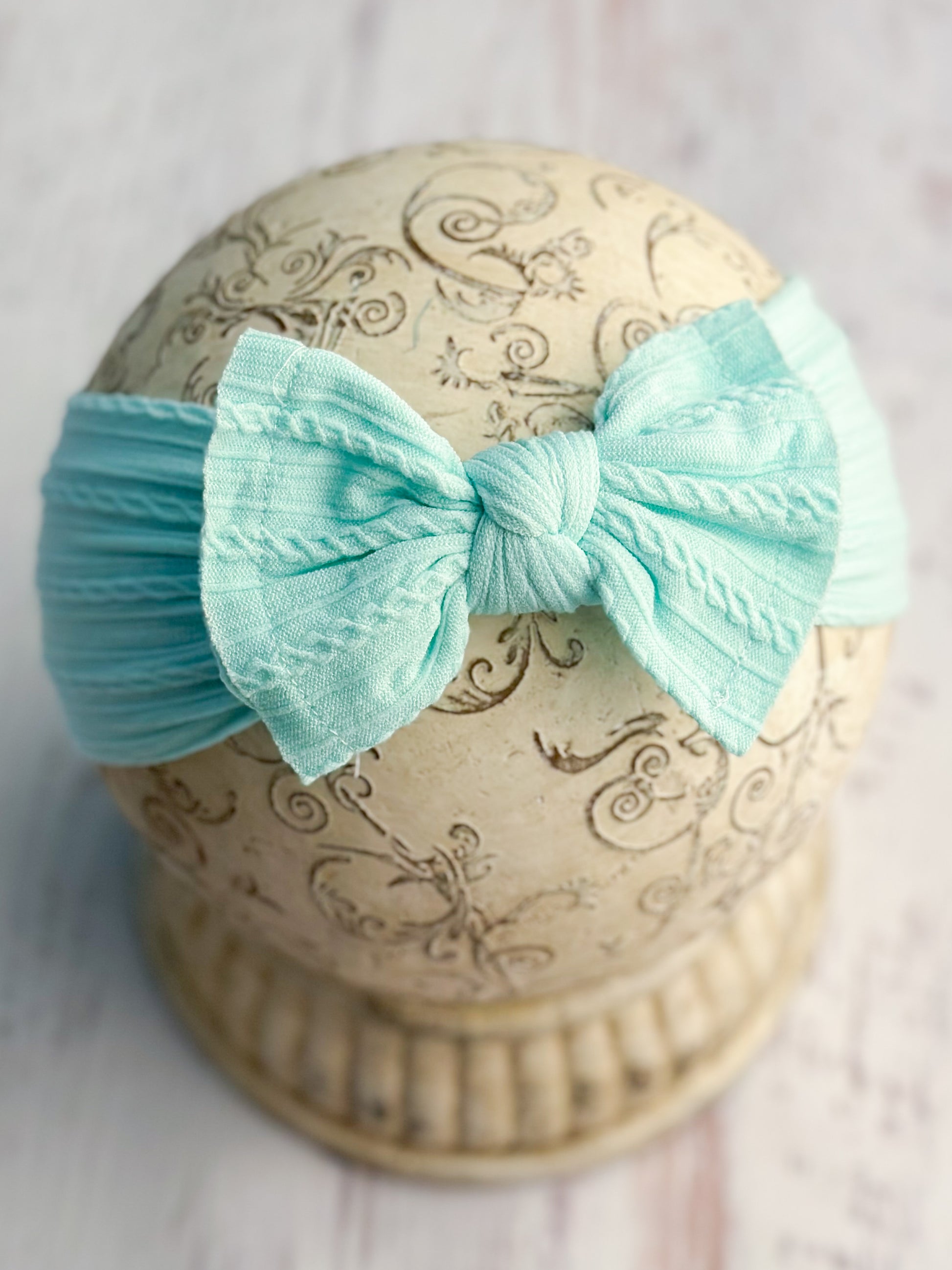 light blue cable knit bow headband