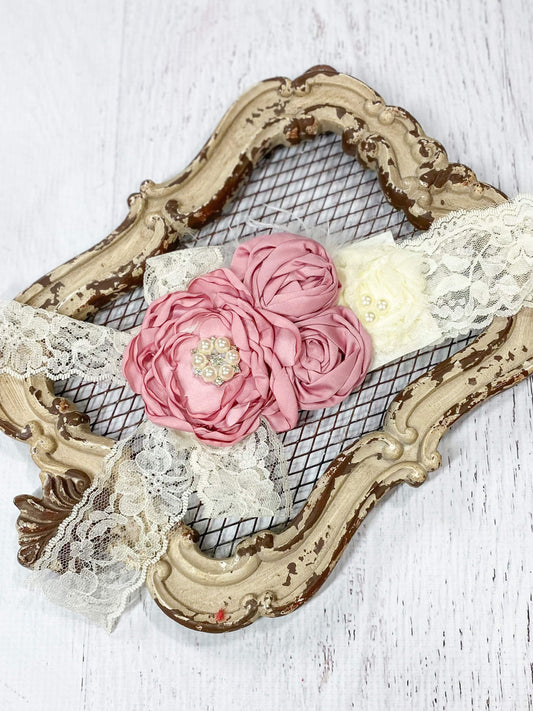 Southern Romance Flowers & Lace Bow Headband